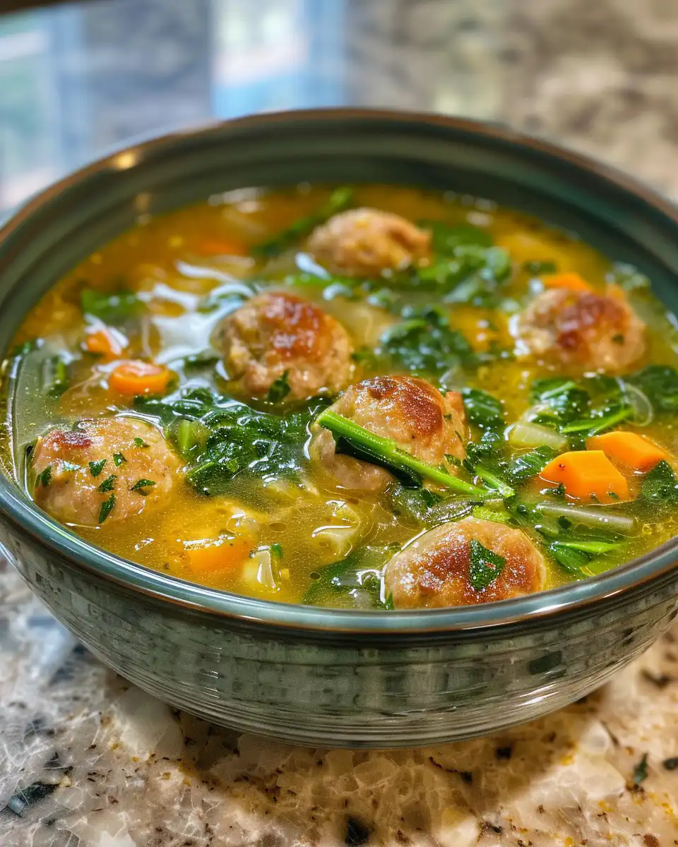 Hearty bowl of finished Vegan Italian Wedding Soup served hot
