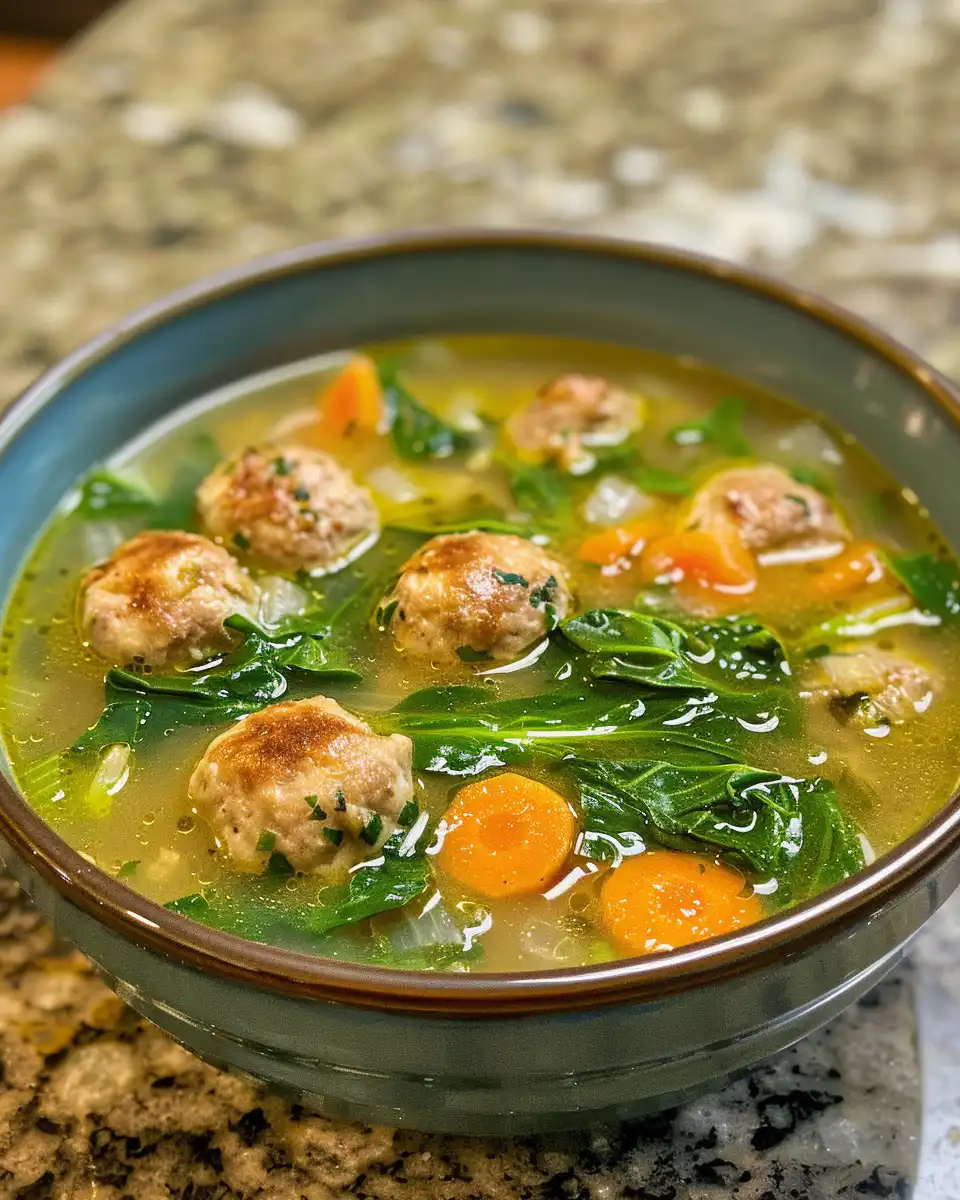 Fresh bowl of vegan Italian wedding soup with vegetables and vegan meatballs