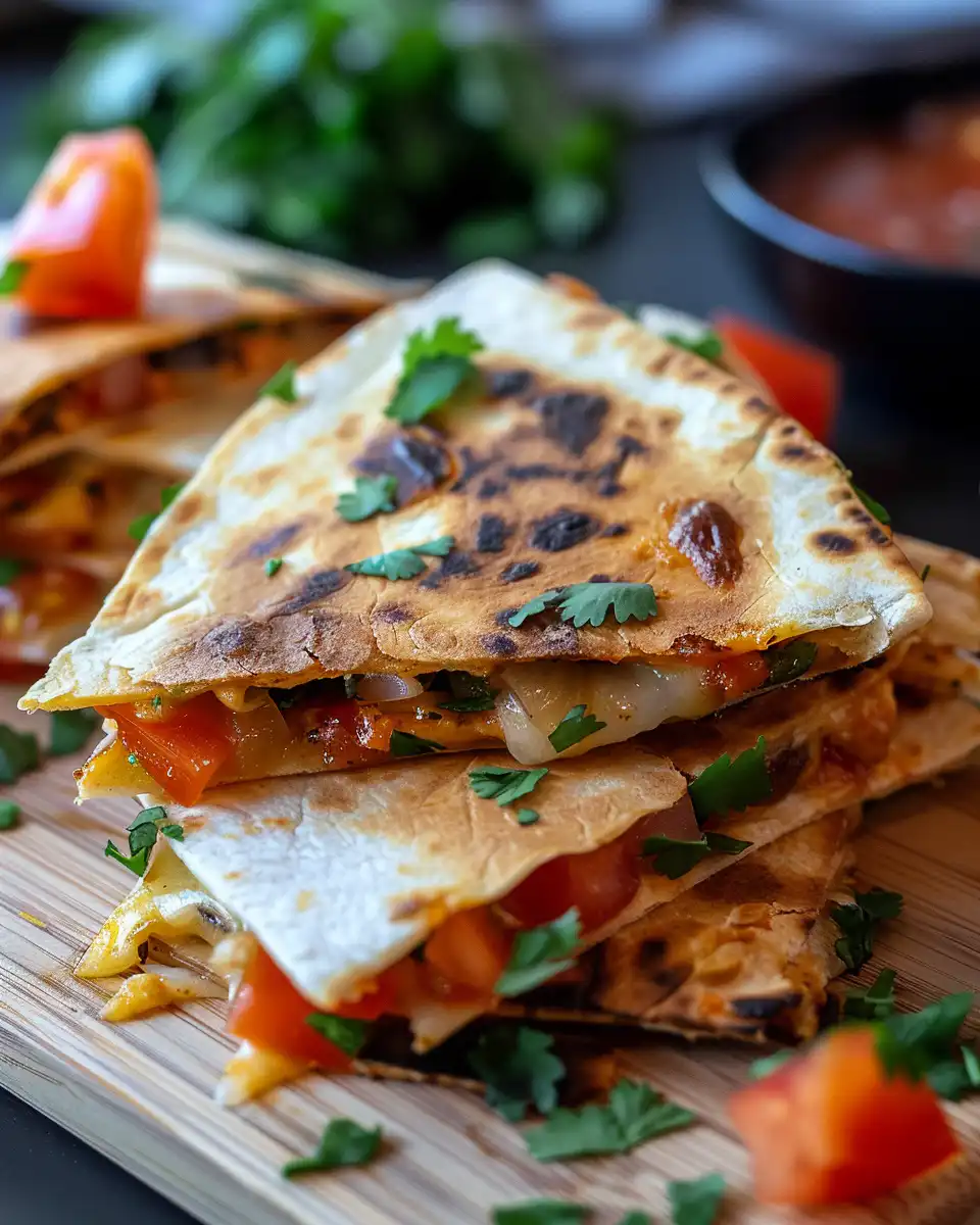 Golden crispy wedges of vegan sheet pan quesadillas served on plate