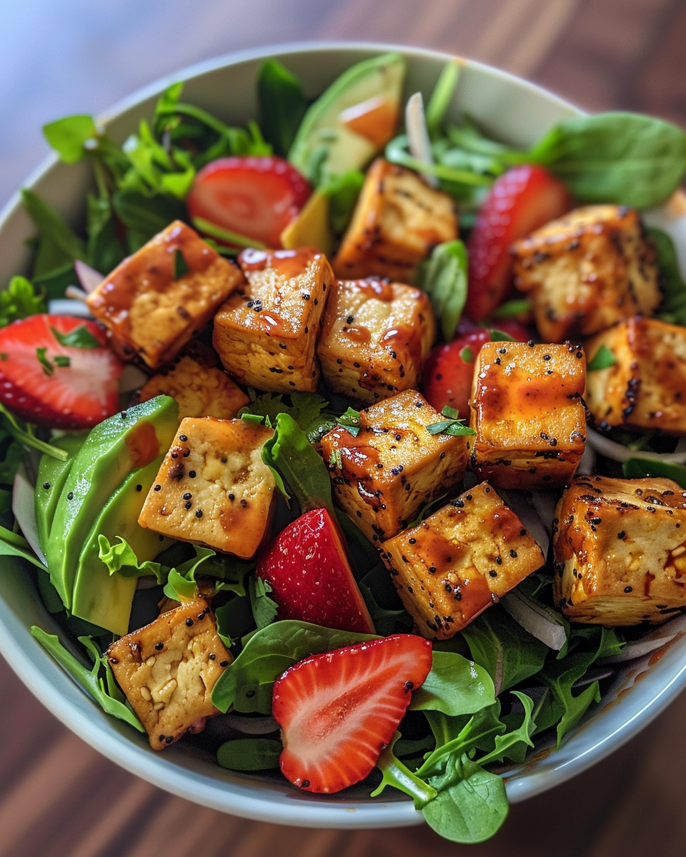 Ingredients including firm tofu, Dijon mustard, maple syrup, soy sauce, and olive oil