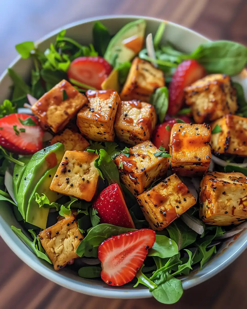 Ingredients including firm tofu, Dijon mustard, maple syrup, soy sauce, and olive oil