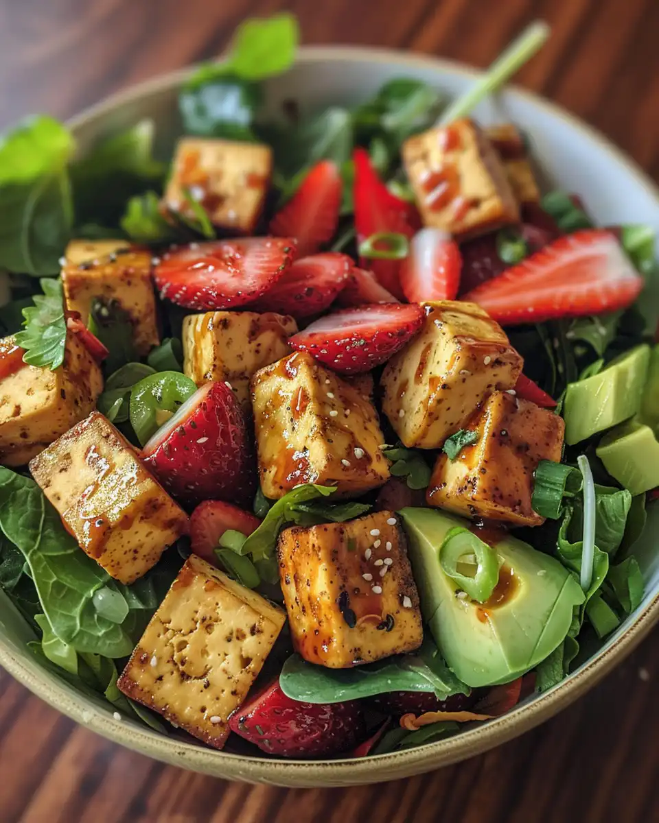 Tender sweet mustard glazed tofu plated and served with fresh sides