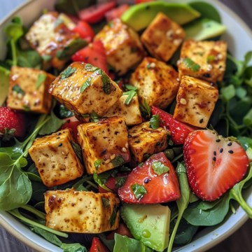 Vegan Sweet Mustard Tofu, Strawberry, Avocado Salad taken with iphone 15 pro max --iw 2 --ar 4:5 --v 6.0 --raw