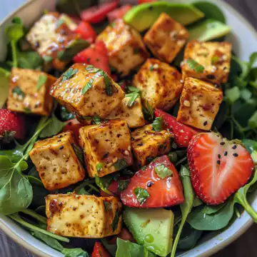 Vegan Sweet Mustard Tofu, Strawberry, Avocado Salad taken with iphone 15 pro max --iw 2 --ar 4:5 --v 6.0 --raw
