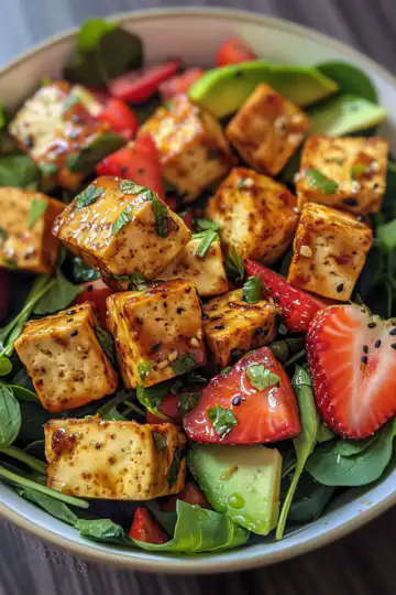 Vegan Sweet Mustard Tofu, Strawberry, Avocado Salad taken with iphone 15 pro max --iw 2 --ar 4:5 --v 6.0 --raw