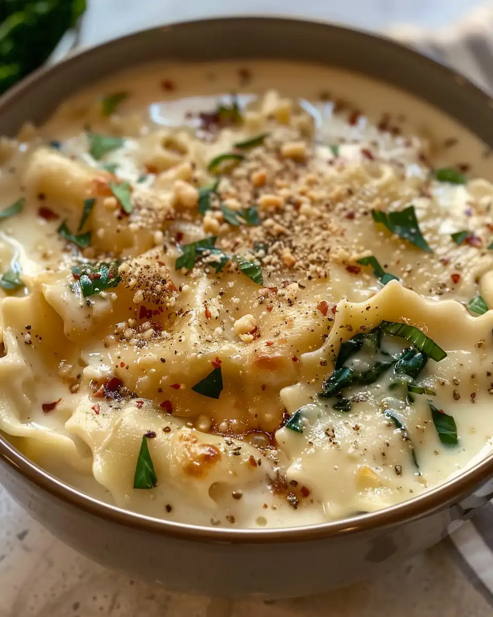 Serving bowl of vegan white lasagna soup garnished with fresh parsley and pepper