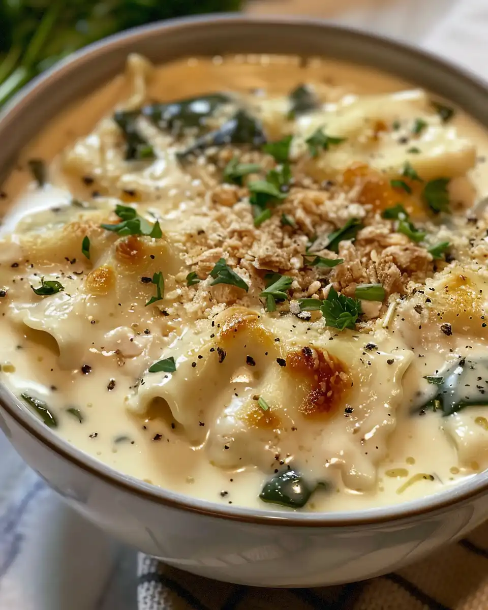 Creamy vegan white lasagna soup steaming in pressure cooker