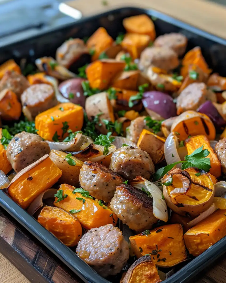 Freshly prepared cut ingredients including red onion, sweet potato, and veggie sausages