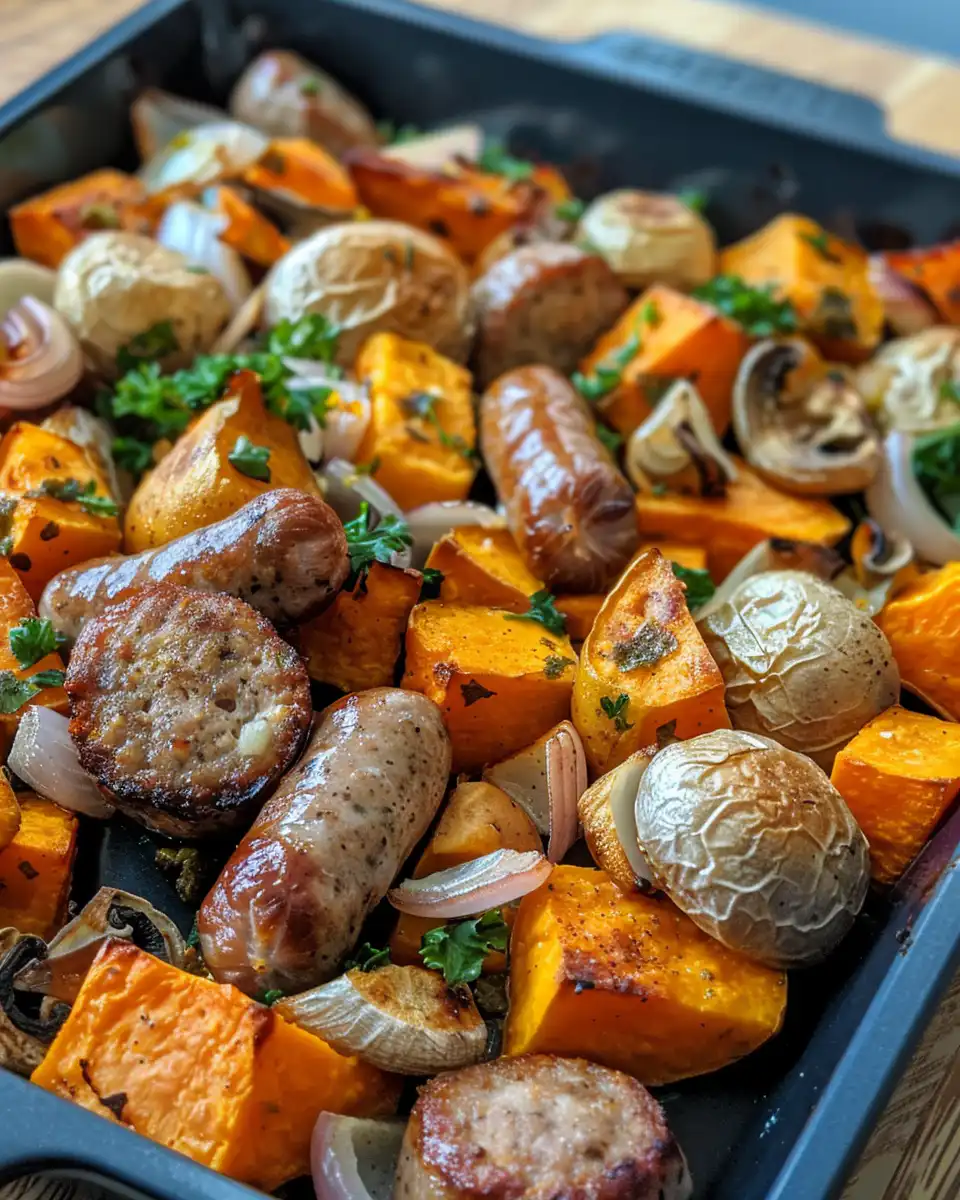 Vegan sausage and sweet potato bake spreading evenly in a baking dish before oven