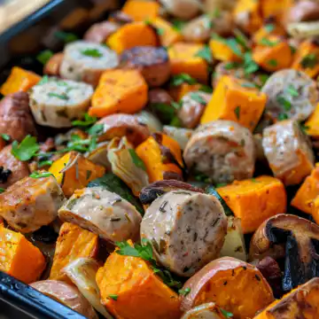 Veggie Sausage and Sweet Potato Traybake taken with iphone 15 pro max --iw 2 --ar 4:5 --v 6.0 --raw