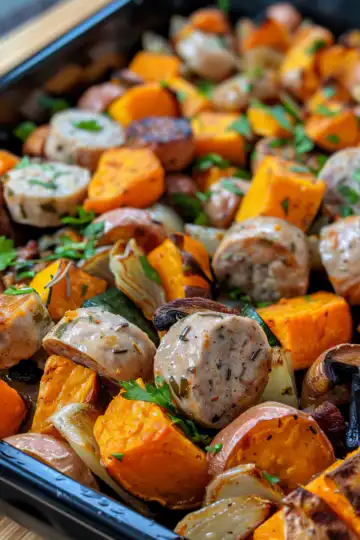 Veggie Sausage and Sweet Potato Traybake taken with iphone 15 pro max --iw 2 --ar 4:5 --v 6.0 --raw
