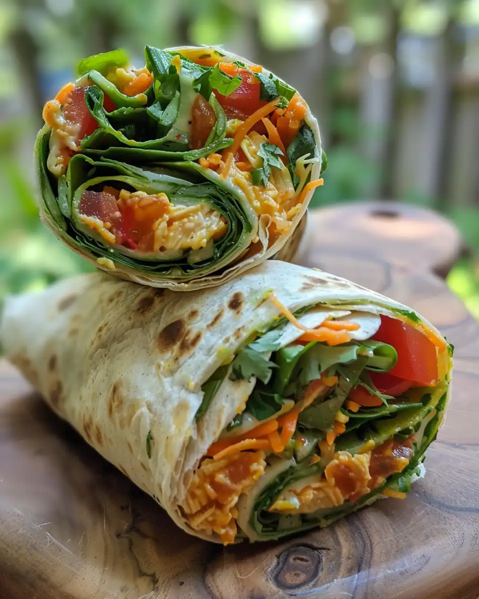 Ingredients for veggie wraps including hummus, shredded spinach, and fresh sliced vegetables