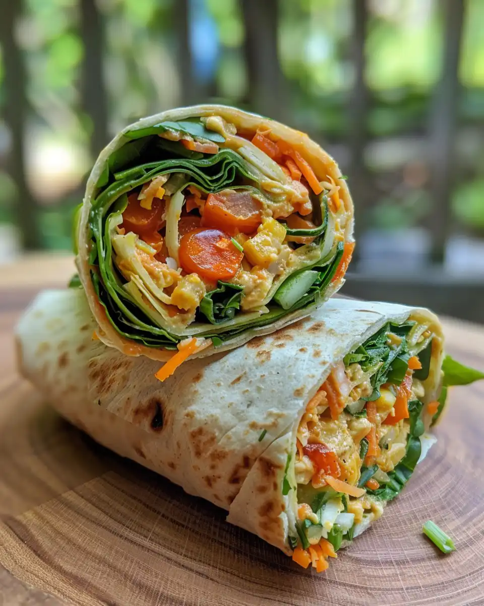 Close up of freshly cut veggie wrap showing creamy hummus and crunchy vegetables