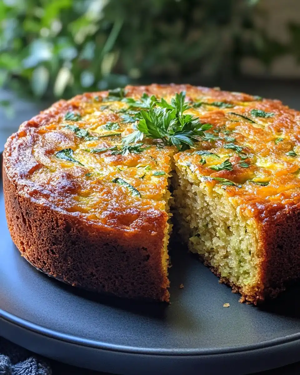 Moist and crumbly zucchini cake sliced on a plate with walnuts