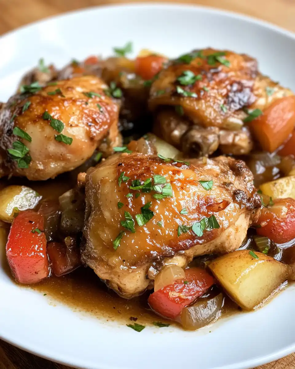 Ingredients for apple cider braised chicken in a skillet