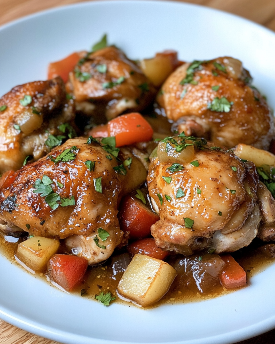 Plated apple cider braised chicken with crispy skin and sauce