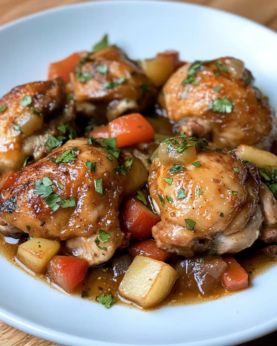 Plated apple cider braised chicken with crispy skin and sauce