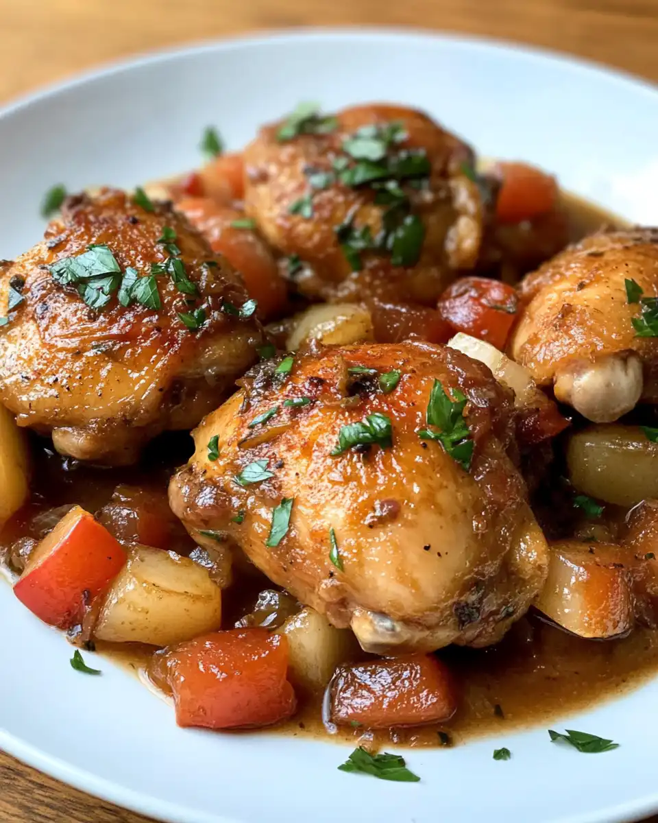 Apple cider braised chicken in skillet with steam rising