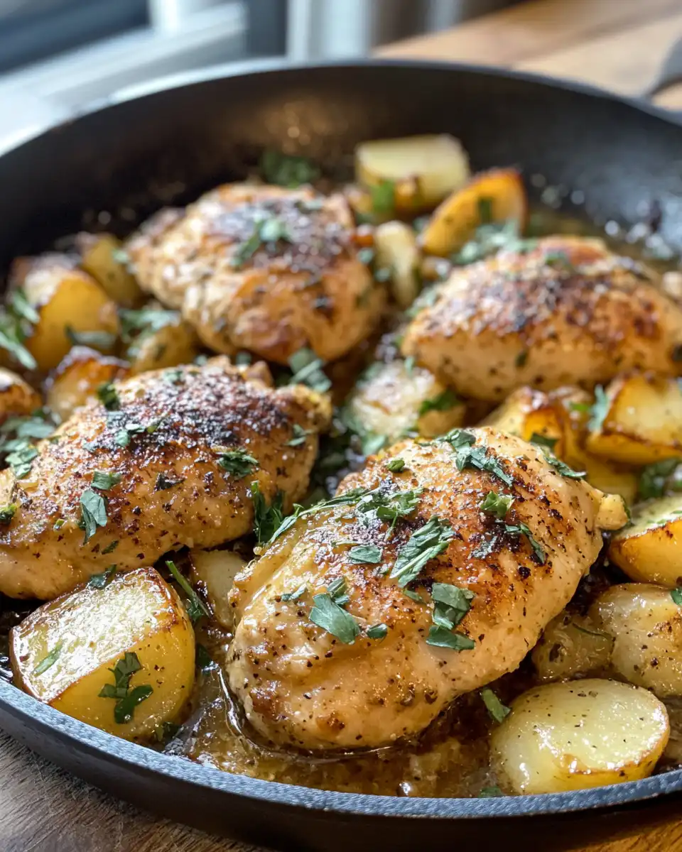 Plated Apple Cider Chicken garnished with fresh rosemary and sliced apples ready to serve