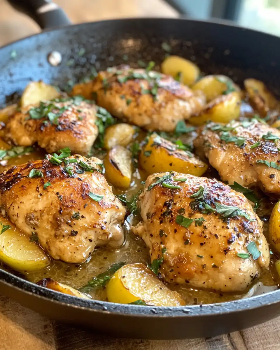 Steaming Apple Cider Chicken cooking in skillet with apples and rosemary