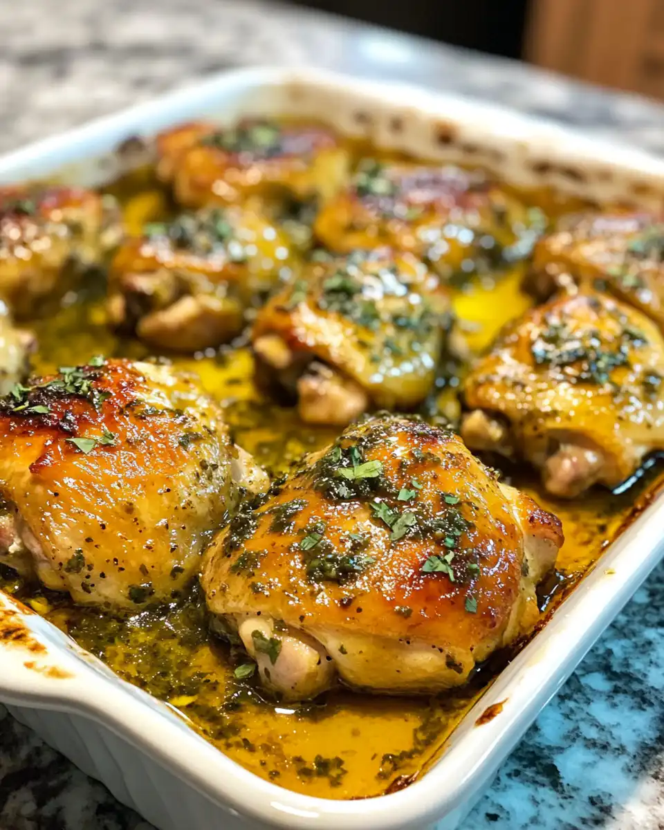 Plated pressure cooked chicken thighs with tangy apple cider mustard sauce and parsley garnish