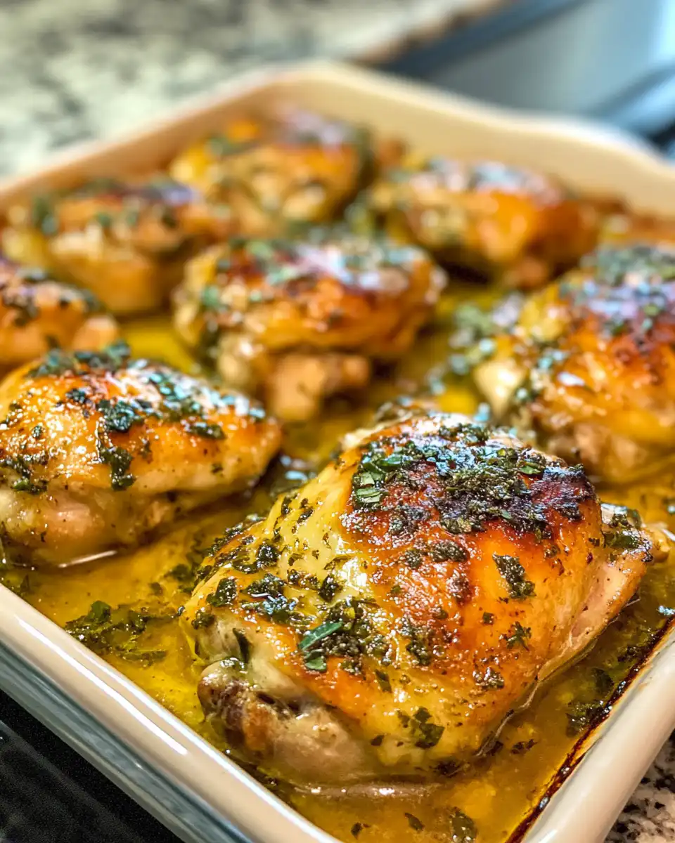Golden crispy chicken thighs with apple cider Dijon mustard glaze steaming in pot