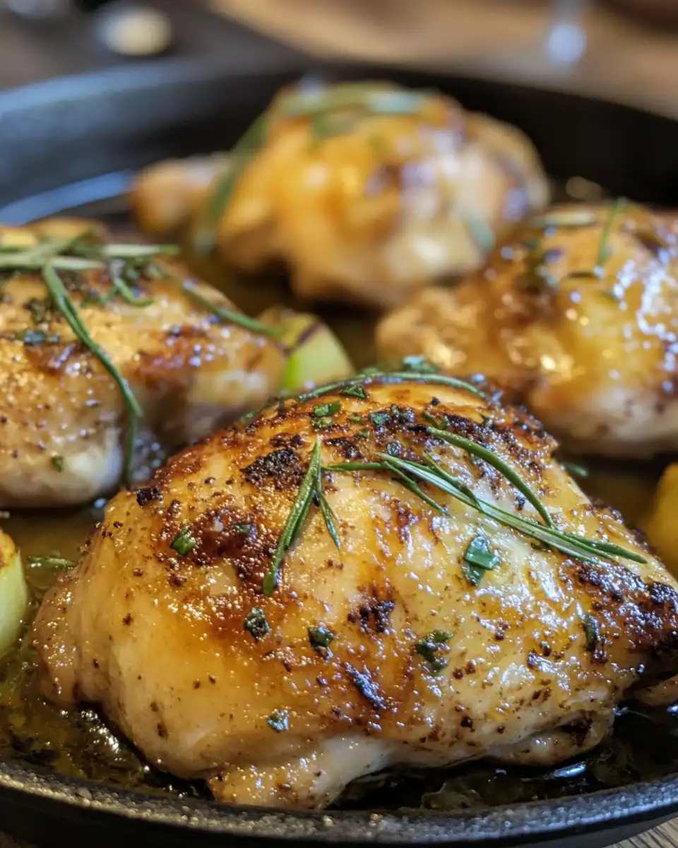 Ingredients laid out for apple spiced cider chicken with herbs and apple slices