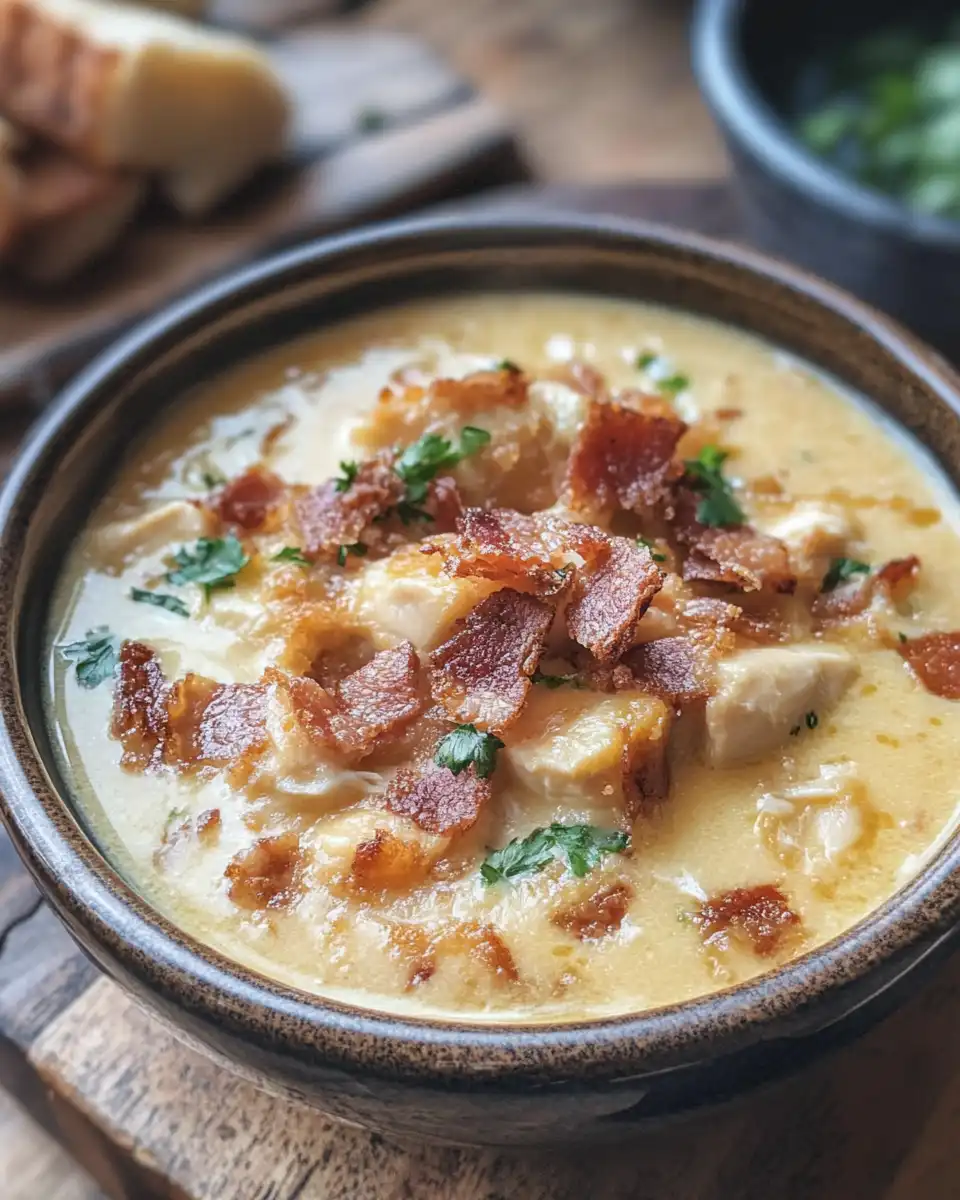 Creamy bacon beer cheese soup with chicken served hot in bowl