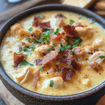 Bacon Beer Cheese Soup with Chicken taken with iphone 15 pro max --iw 2 --ar 4:5 --v 6.1 --raw