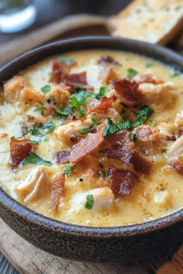 Bacon Beer Cheese Soup with Chicken taken with iphone 15 pro max --iw 2 --ar 4:5 --v 6.1 --raw