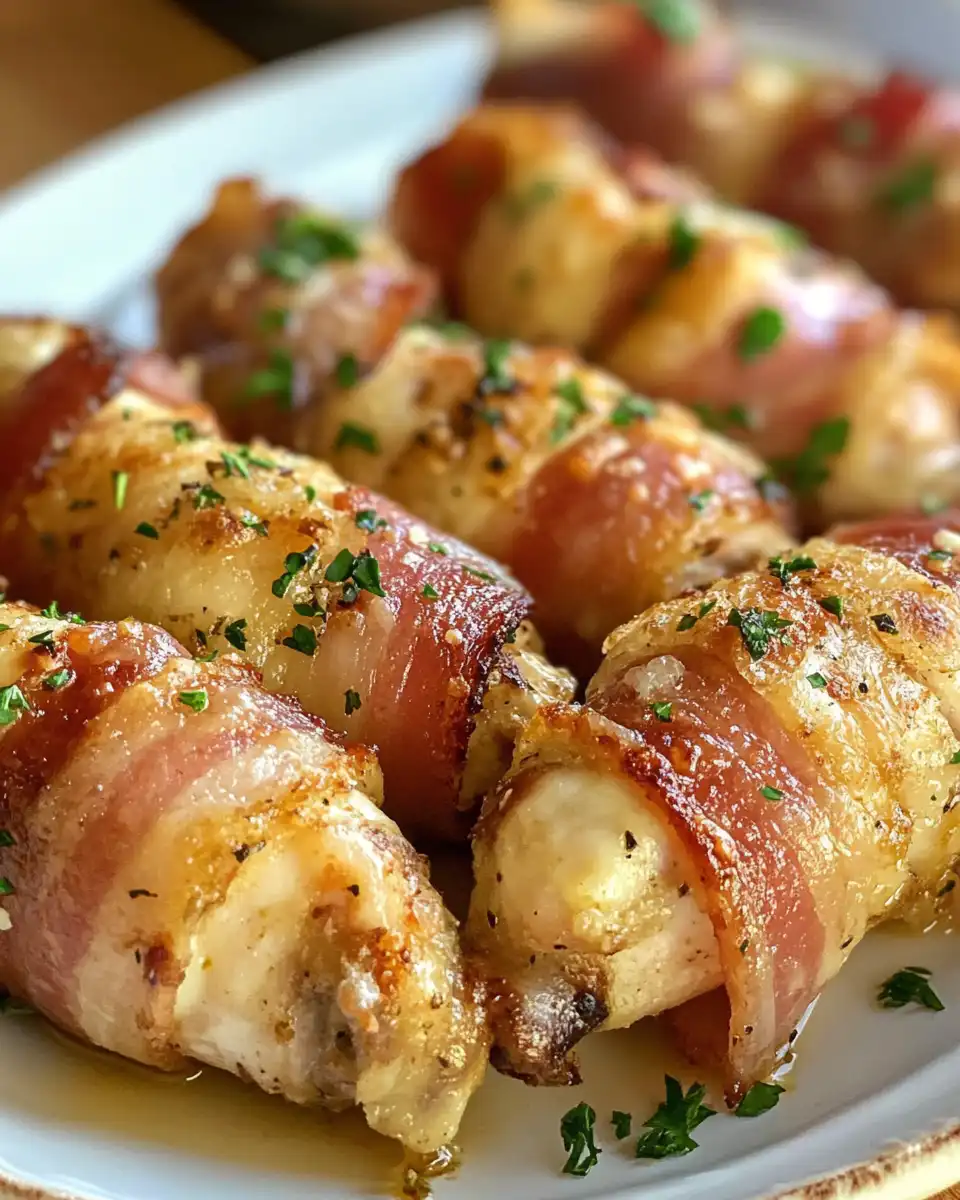 Final plated bacon wrapped garlic parmesan chicken with a golden sauce glaze