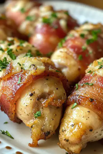 Bacon Wrapped Garlic Parmesan Chicken taken with iphone 15 pro max --iw 2 --ar 4:5 --v 6.1 --raw