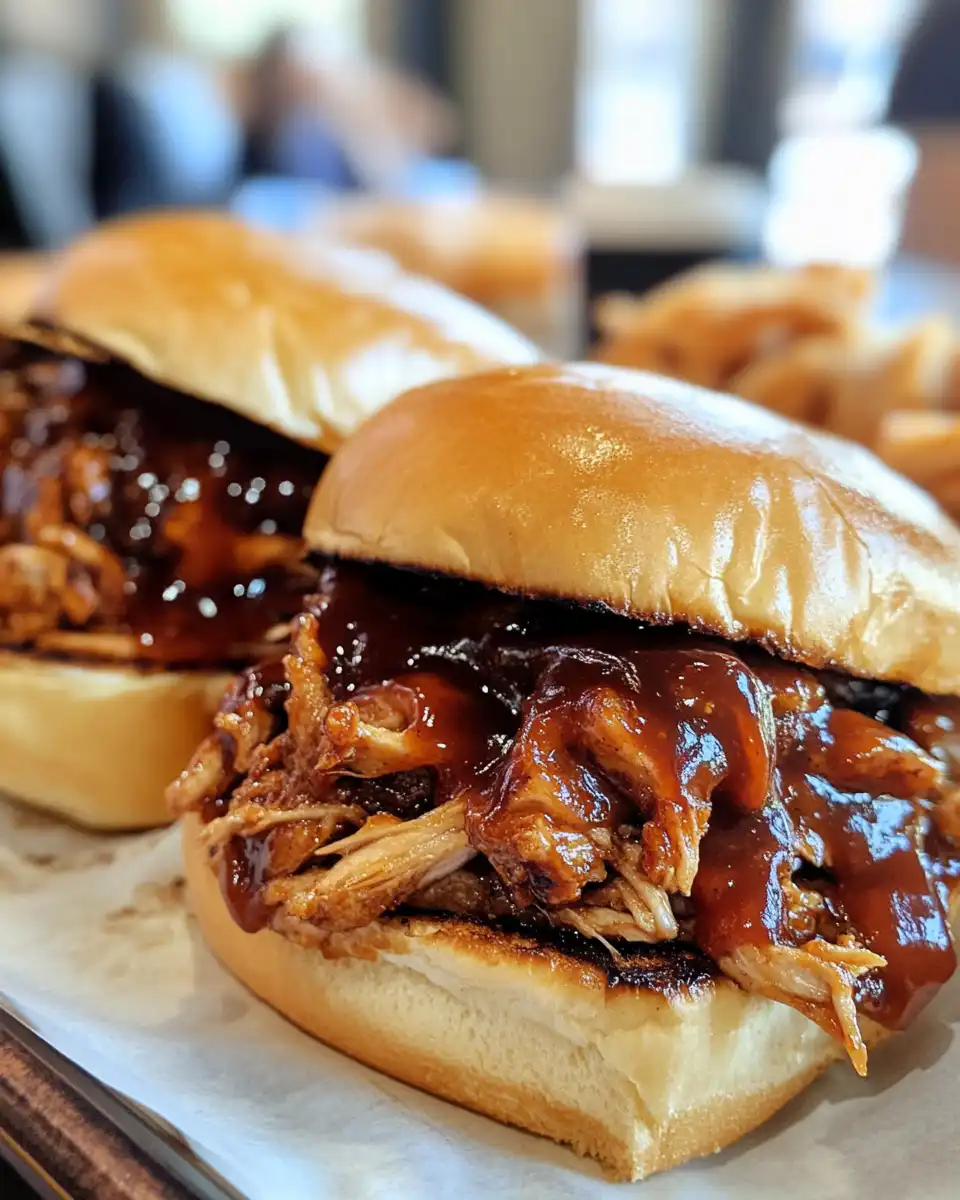 Finished BBQ pulled chicken sandwiches served on plate with buns