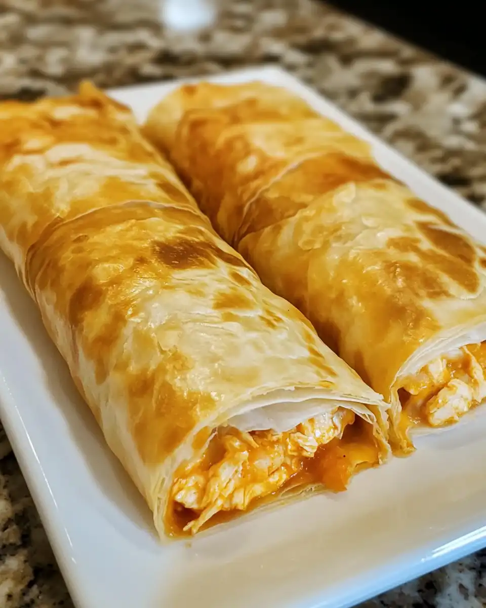 Buffalo chicken phyllo rolls golden brown and ready to eat