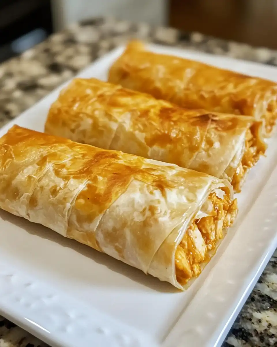 Buffalo chicken phyllo rolls ready to be served, crispy and golden