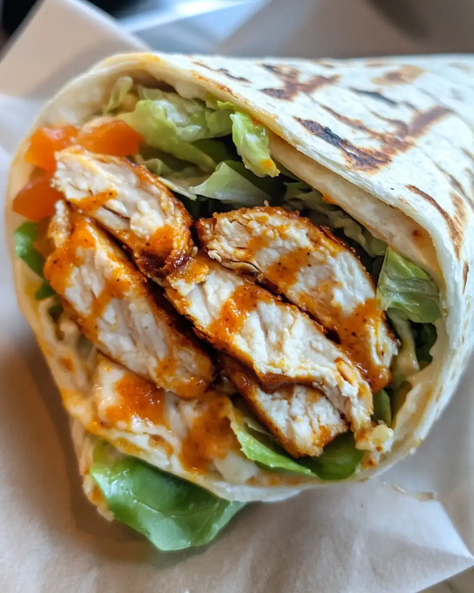 Ingredients for buffalo chicken wrap laid out including chicken, buffalo sauce, lettuce, and tortillas