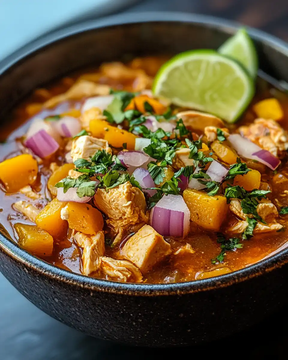Ingredients prepped for butternut squash and chicken pozole including chiles and garlic