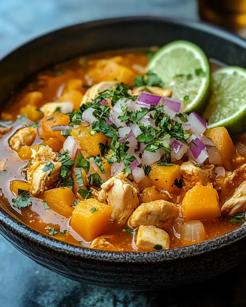 Finished butternut squash and chicken pozole served in bowls garnished with cilantro and lime