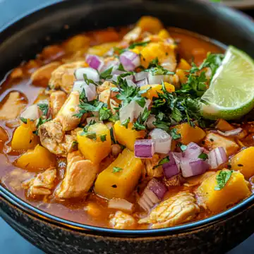 Butternut Squash and Chicken Pozole taken with iphone 15 pro max --iw 2 --ar 4:5 --v 6.1 --raw