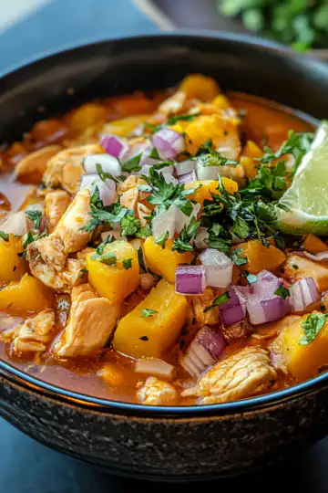 Butternut Squash and Chicken Pozole taken with iphone 15 pro max --iw 2 --ar 4:5 --v 6.1 --raw