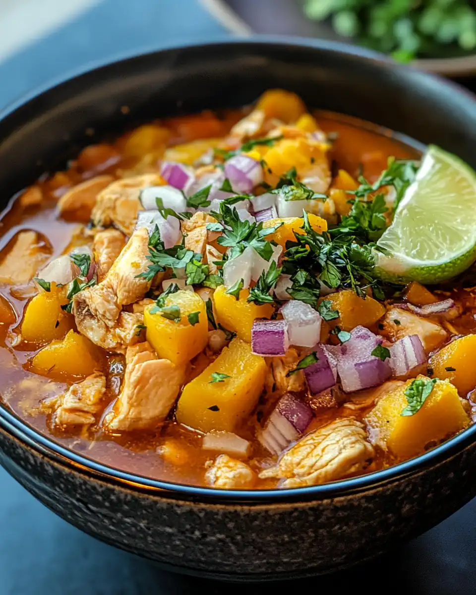 Steaming hot butternut squash and chicken pozole rojo in a pot