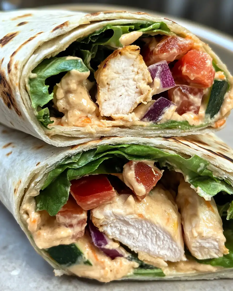 Final plated Greek grilled chicken and hummus veggie wrap sliced and ready to serve