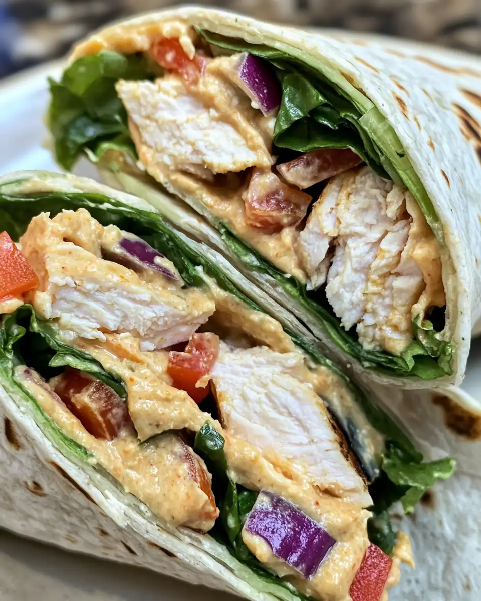 Greek grilled chicken and hummus wrap with fresh veggies in soft wrap