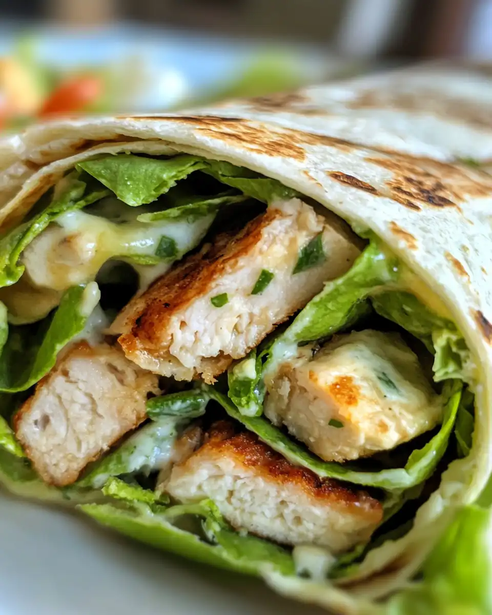 Close-up of Chicken Caesar Wrap with crisp lettuce and Parmesan