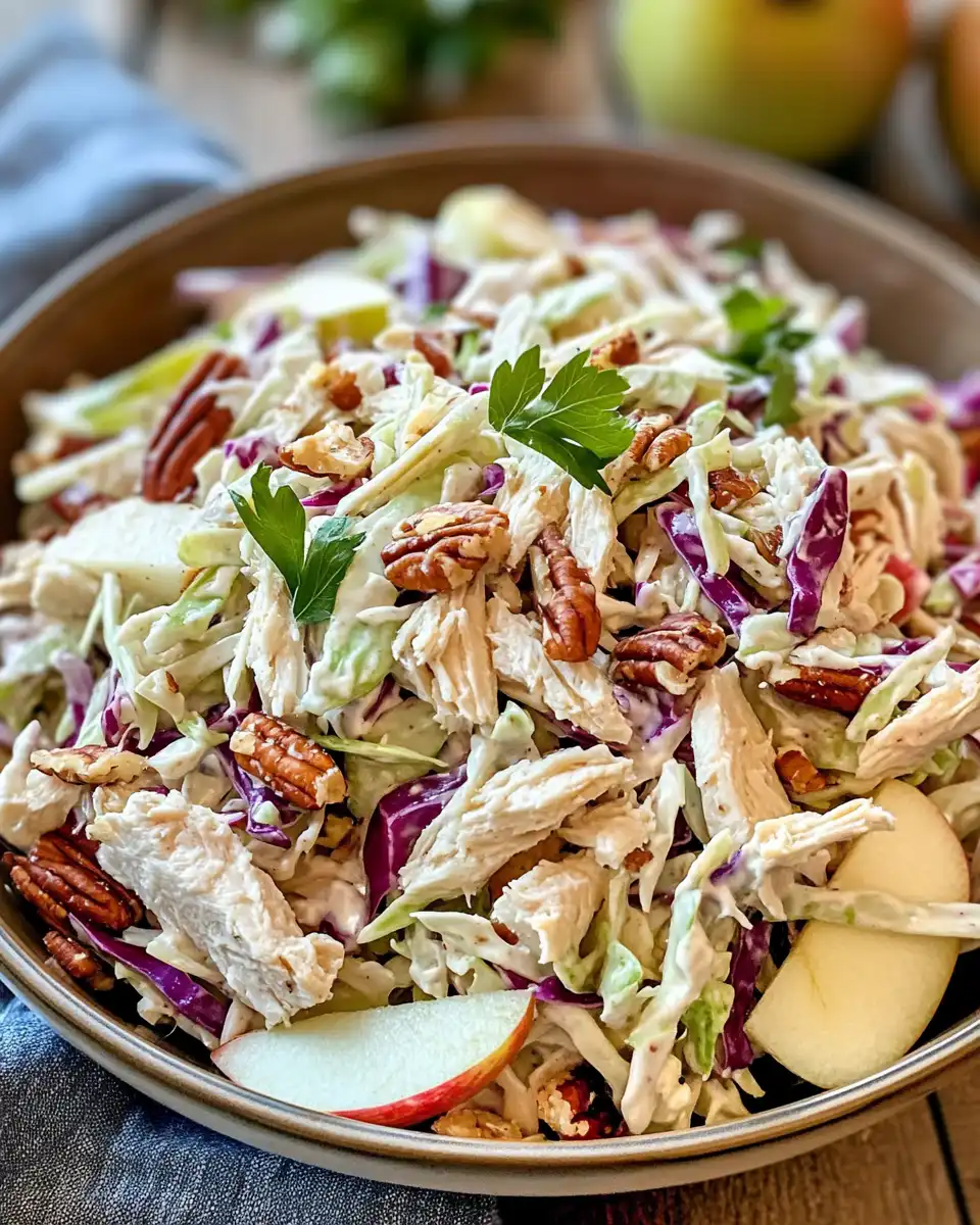 Ingredients for Apple Coleslaw including cabbage, apples, cranberries, and pecans laid out in bowls