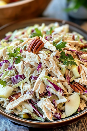 Chicken Coleslaw with Apples Pecans and Apple Cider Vinaigrette taken with iphone 15 pro max --iw 2 --ar 4:5 --v 6.1 --raw