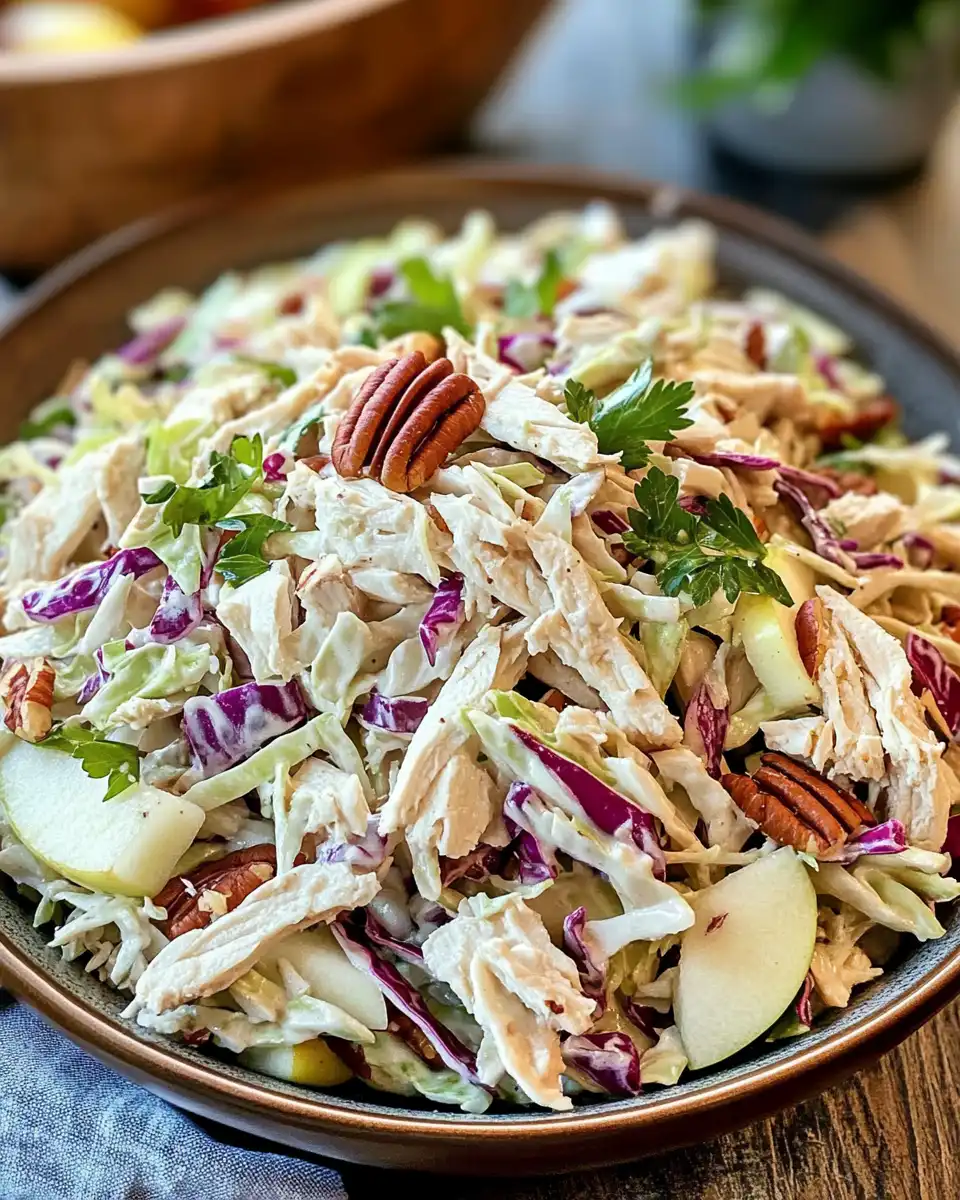 Close-up of fresh Apple Coleslaw with apples, pecans, and cranberries in a bowl