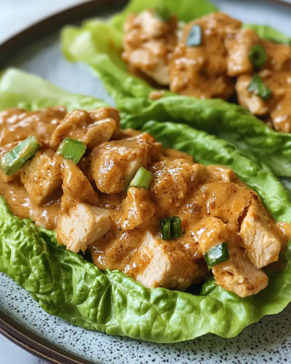 Finished chicken lettuce wrap served with sunflower butter sauce drizzled on top