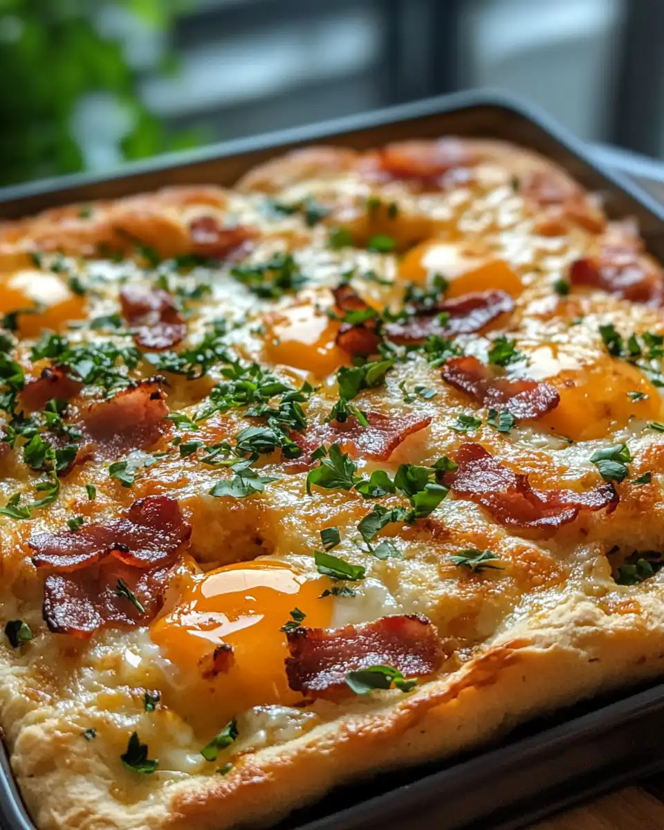 Golden brown bacon egg and cheese biscuit casserole fresh from the oven on serving plate