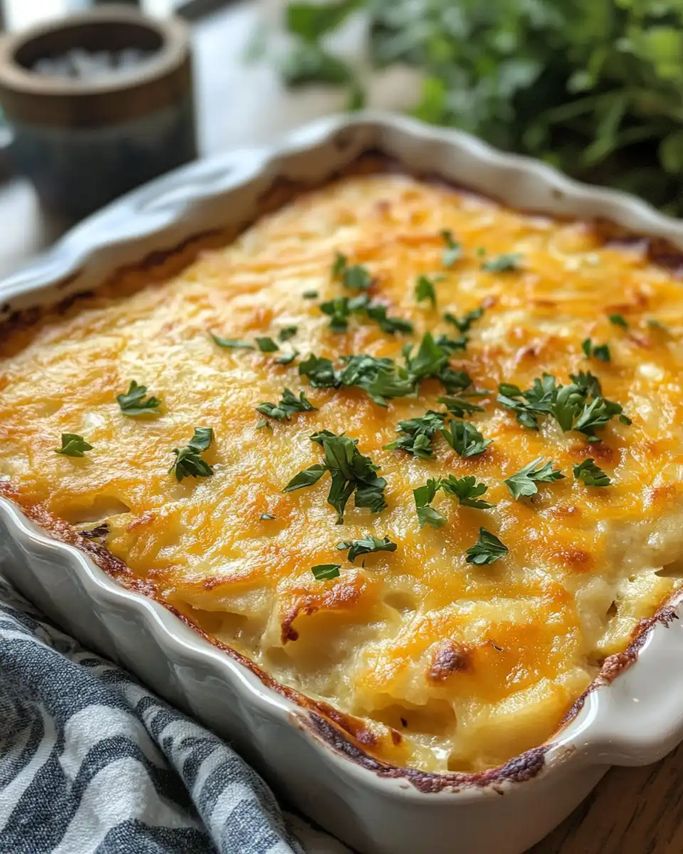 Finished plated copycat Cracker Barrel hashbrown casserole cheesy and golden brown
